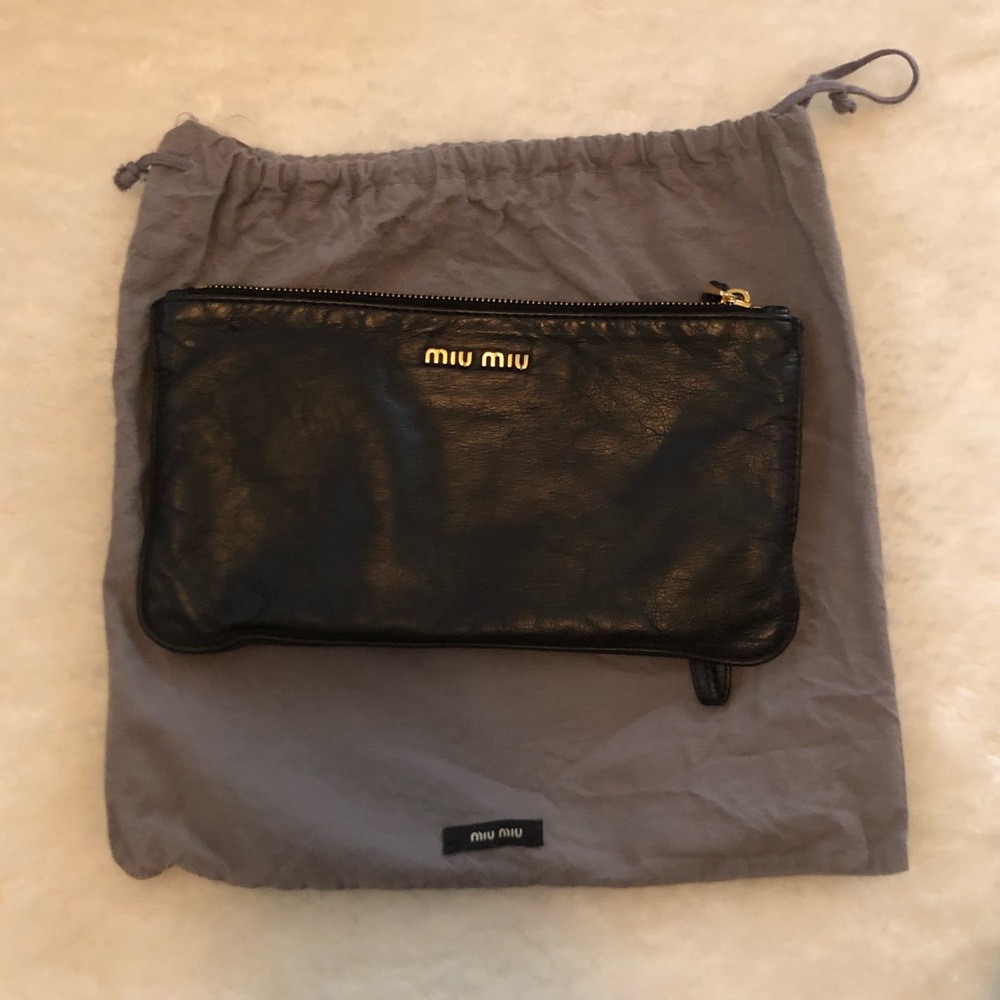 Miu Miu Black Leather Wristlet Clutch Pouch